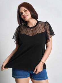 Chikora Damen Loose Fit Rundhals Mesh Kontrast Rüschen Kurzarmoberteil für den Sommer in Große Größen, Bürooutfits für Frauen