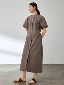 Dazy-Less 商务休闲优雅通勤修身立领高品质泡泡袖女式中长连衣裙夏季复古风格太阳裙、教师装 - 棕色 - 查看 4