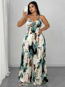 SHEIN Clasi 大码女式扎染印花宽腿无袖连体裤