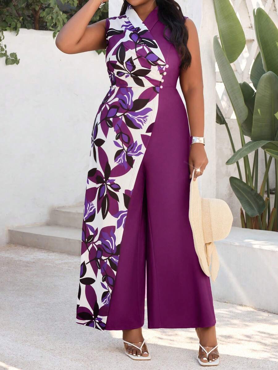 SHEIN Lady Monos de talla grande elegantes para la oficina y el día a día, con cuello de punto de colores, cuentas y sin mangas, apropiados para la primavera y el verano - Multicolor - Ver 1