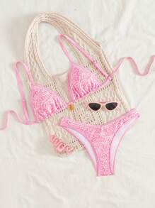 Swim Mod 2pcs/Set Women Floral Embellished Triangle Cup Bra And Panty Set For Summer Beach Vacation - Pink - View 5