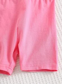 Cozy Pixies Toddler Girls 2pcs Set Sweet Doughnut Print Knitted Soft Round Neck Short Sleeve Drop Shoulder Pullover Top And Solid Color Elastic Waist Shorts