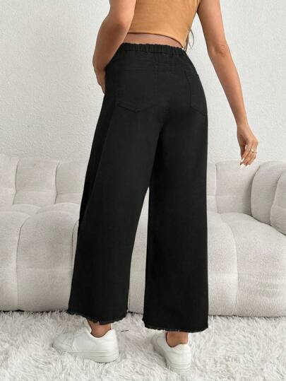 SHEIN Quần Jeans Bà Bầu Rộng Màu Đen 3/4 Có Cạp Vá