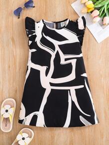 SHEIN Young Girl Fresh Fashion Pattern Round Neck Cap Sleeve A-Line Woven Dress