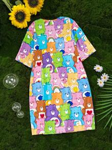 SHEIN X Care Bears Camisón informal con estampado de oso de dibujos animados lindo para niñas preadolescentes, apto para todas las estaciones - Multicolor - Ver 2