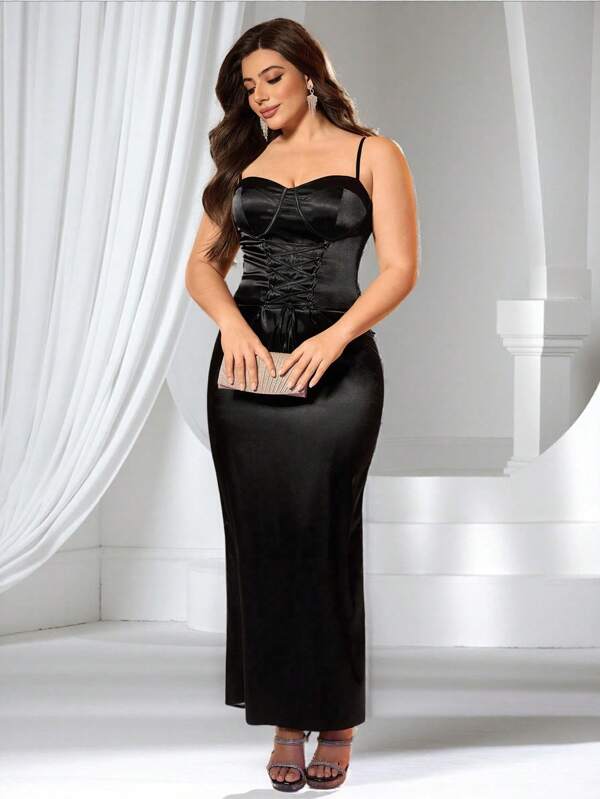 Coutiva Plus Size Straight Dress With Rope Tie-Up Design And Back Slit, For Party, Ball Gown, Wedding Guest Dress, Prom Dress
