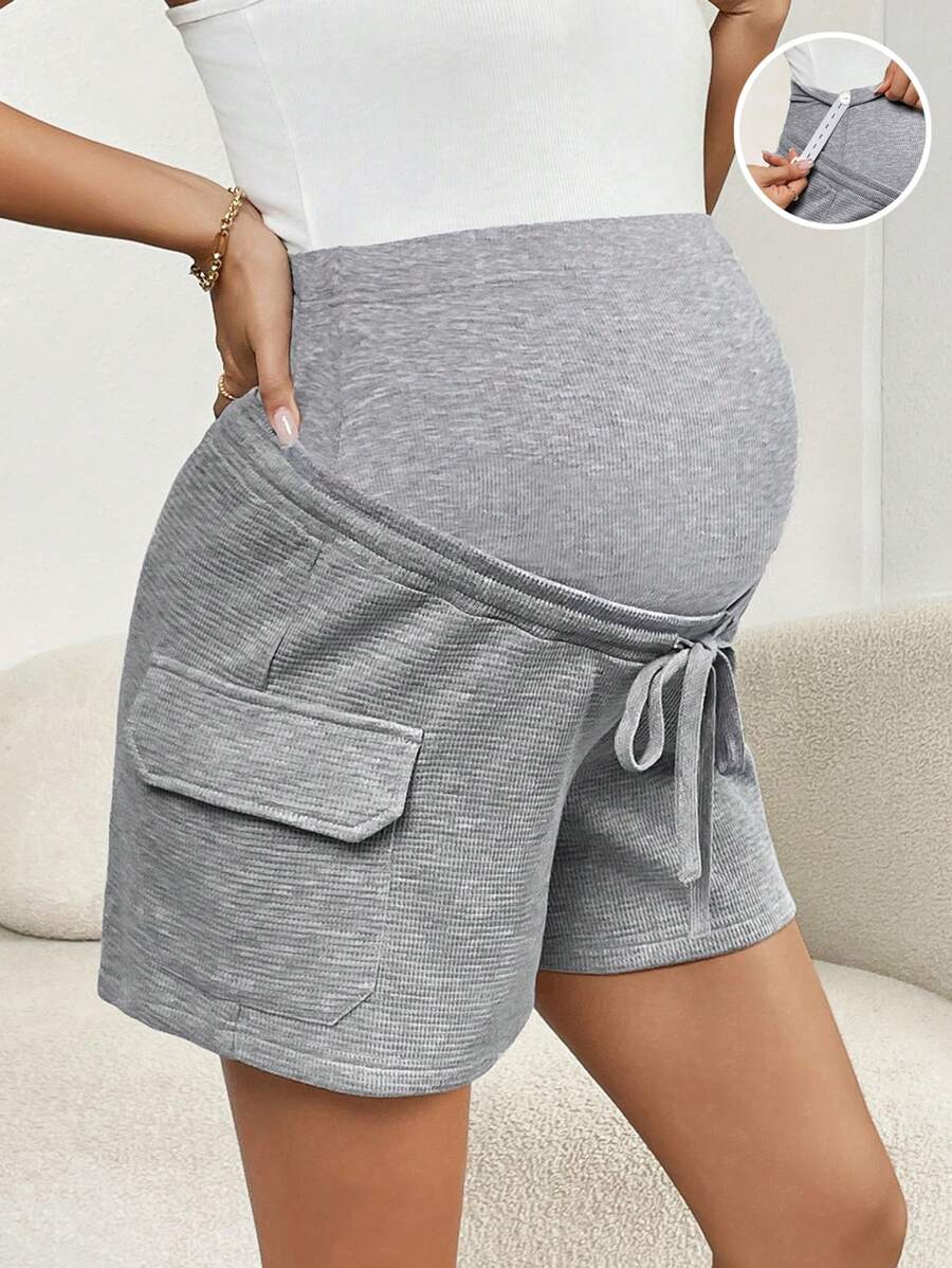 SHEIN Pregnant Women Casual Solid Color High Waist Shorts - Grey - View 1