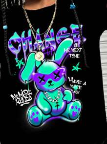 2 件套年轻女孩休闲简约字母卡通兔子印花短袖 T 恤和短裤套装，适合夏季 - 黑色 - 查看 3