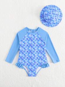 Mermaid Print Long Sleeve Loose One-Piece Swimsuit - Blue - View 5