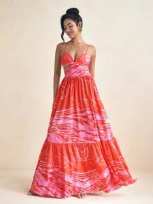 Eva Novielli Abstract Printed Spaghetti Straps V Neck Cutout Maxi Summer Dress Vacation Sundress, Rave, Prom Dress - Multicolor - View 6