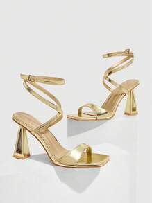 CUCCOO SZL Sandalias de mujer de tacón alto abierto de punta con correa asimétrica dorado calado - Dorado - Ver 2