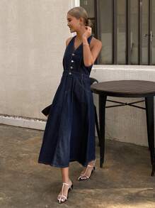 DAZY Gaun Denim Wanita Model Kerah V yang Dicuci - Dark Wash - View 4