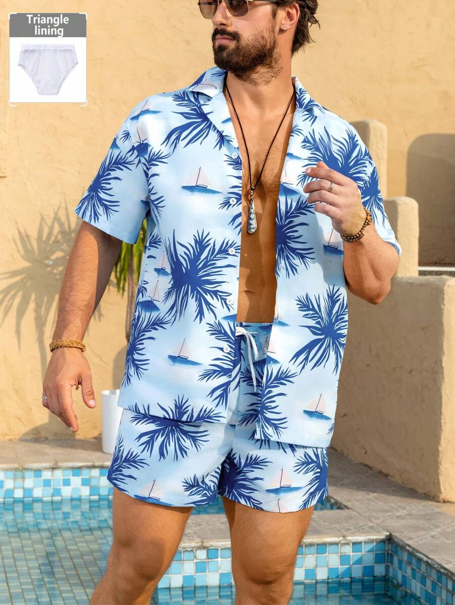 Manfinity Swimmode 男士度假棕榈树印花衬衫和短裤海滩装
