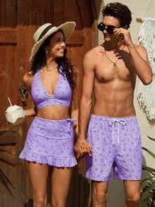 Manfinity VDAYZ Pantalones cortos de playa de cintura con cordón con estampado floral diminuto para novio, estilo hawaiano