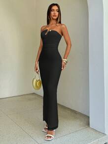 Aloruh Women's Sexy Asymmetrical Resin Hook Bustier Design Fitted White Beach Vacation Dress Prom Dress,Rave Outfits Festival - Black - View 7