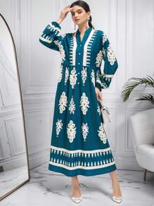 Al Najma Modest Casual Pattern Women Arabic Long Dress, Women Maxi Dress - Green - View 3