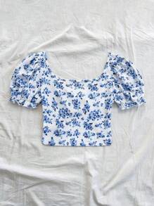 SHEIN WYWH 大码女式浪漫花卉印花甜心领泡泡袖荷叶边系带上衣 - 彩色 - 查看 2