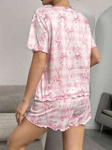 SHEIN Bow Frame Quilted Hem Casual Women Pajama Set Women Pj Set Short - Pink - View 2