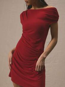MUSERA Asymmetrical Neck Ruched Waist Fitted Mini Dress For Summer Cute Vacation 90's Y2k Evening - Red - View 4