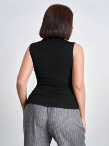 Chikora Plus Size Ruched Slim Fit Stand Collar Tank Top Concert Women Outfit,Business Casual Woman
