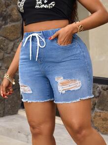 SHEIN SXY Plus Size Abstract Ripped Elastic Waist Pocket Vintage Casual Denim Shorts - Medium Wash - View 3