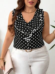 SHEIN Clasi Plus Size Polka Dot Print V-Neck Ruffle Hem Sleeveless Blouse, Suitable For Summer Everyday Wear - Black and White - View 5
