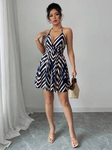 Elenzga Vestido casual de vacaciones para mujer con estampado bohemio, tirantes de espagueti y espalda descubierta - Azul Marino - Ver 5