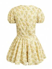 Flirla Plus Size V-Neck Tie-Up Pleated Floral Print Mini Dress, Spring & Summer - Yellow - View 2