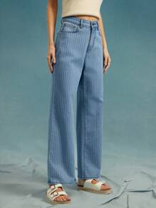 WESTFADE High Rise Spring Striped Wide Leg Ankle Length Western Denim Jeans Summer Beach Vacation