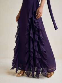 TSS Vestido maxi de gasa con tirantes de espagueti, volantes laterales y chal en color púrpura oscuro, vestido elegante para boda, cóctel o fiesta formal para mujer, vestido de verano bohemio para vacaciones