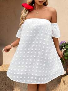 SHEIN Clasi Plus Size Women Chiffon Pom-Pom Solid Off Shoulder Casual Loose Knee-Length Dress, Romantic,Elegant,Wedding Dress - White - View 3