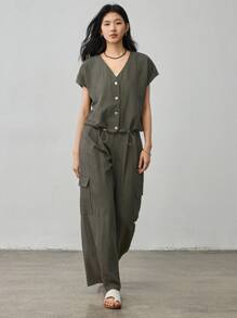 Dazy-Less 2 件套女士休闲宽松工装裤，大口袋，夏季复古风格商务休闲女装、教师装