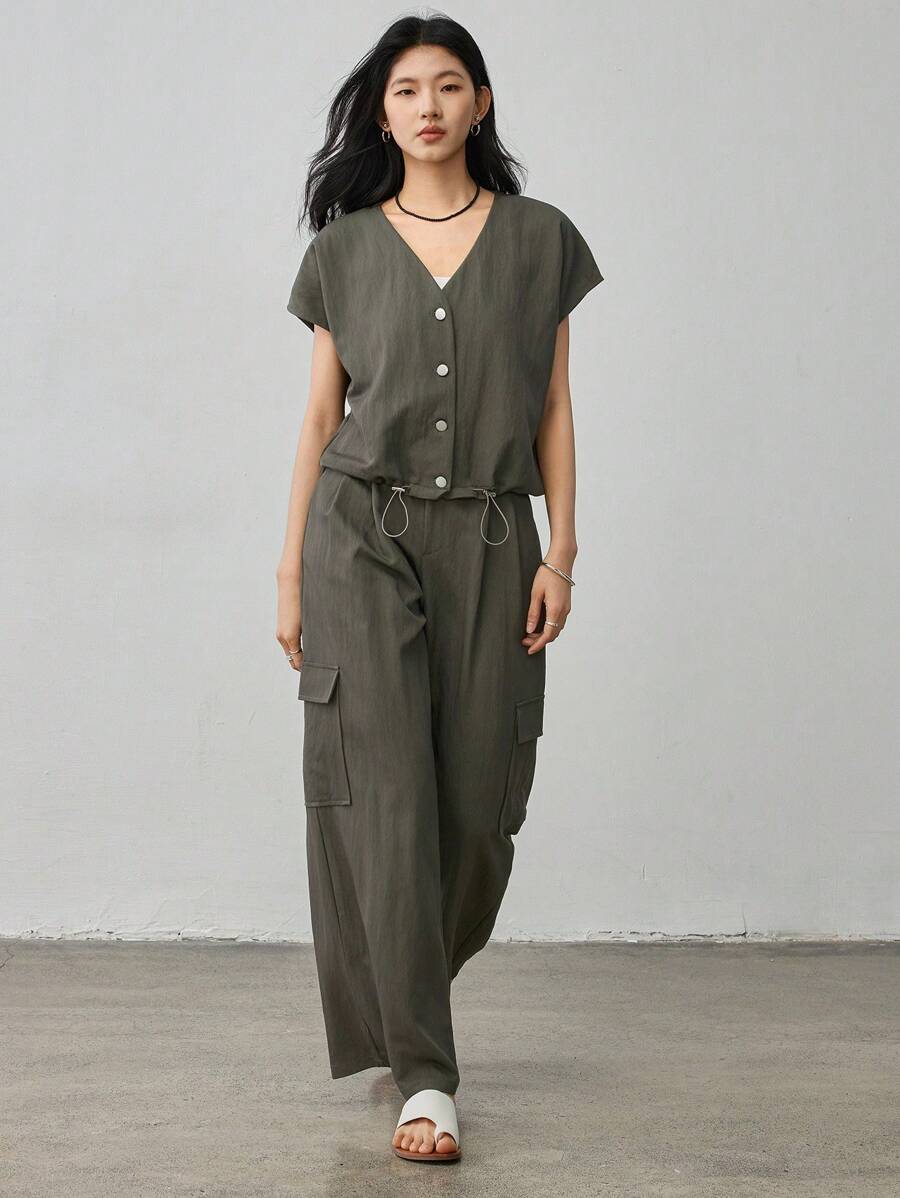 Dazy-Less 2 件套女士休闲宽松工装裤，大口袋，夏季复古风格商务休闲女装、教师装