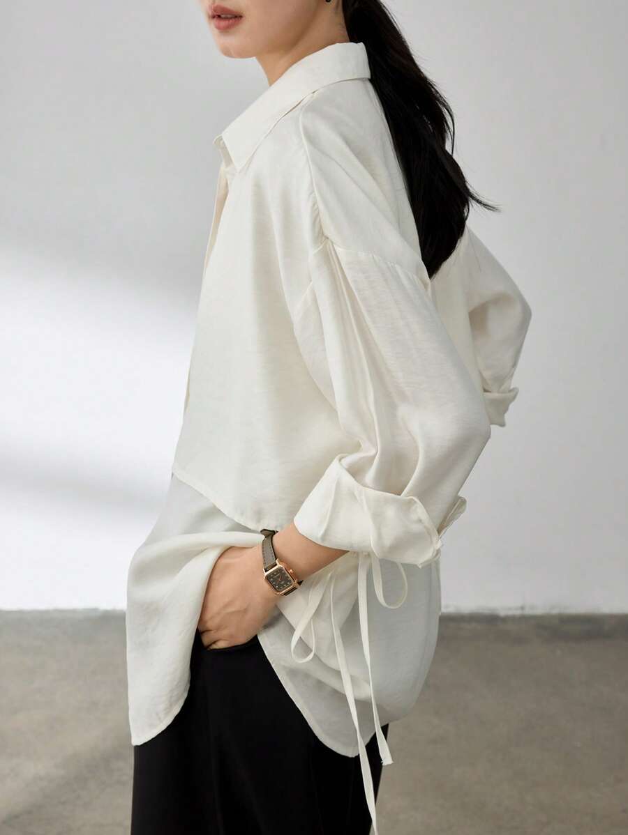 Dazy-Less 女士商务休闲亚麻纯色宽松长袖雪纺衬衫学院风上衣，秋季女装 - 白色 - 查看 1