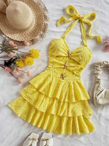 Soleia Gaun Liburan Pantai Musim Panas Berwarna Kuning yang Lucu, Gaun Tamu Pernikahan Gaya Bohemian Barat Warna Krem, Gaun Halter Berlapis Ruffle Tropis Elegan untuk Wisuda & Brunch - Kuning - View 6