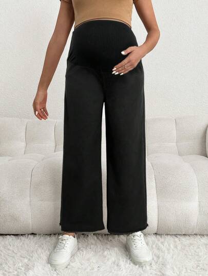 SHEIN Quần Jeans Bà Bầu Rộng Màu Đen 3/4 Có Cạp Vá