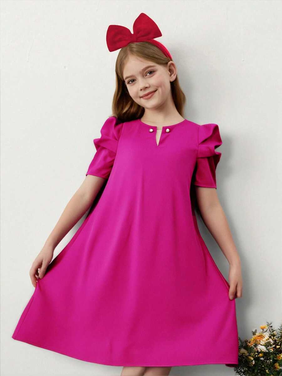 SHEIN Tween Girls Woven Solid Color Round Neck Gigot Sleeve Fitted Dress - Hot Pink - View 1