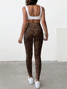 SHEIN SXY Casual Leopard Print High Waist Skinny Women Ankle Length Leggings, Suitable For Summer, Cheetah Print Leggings - Mocha Brown - View 2