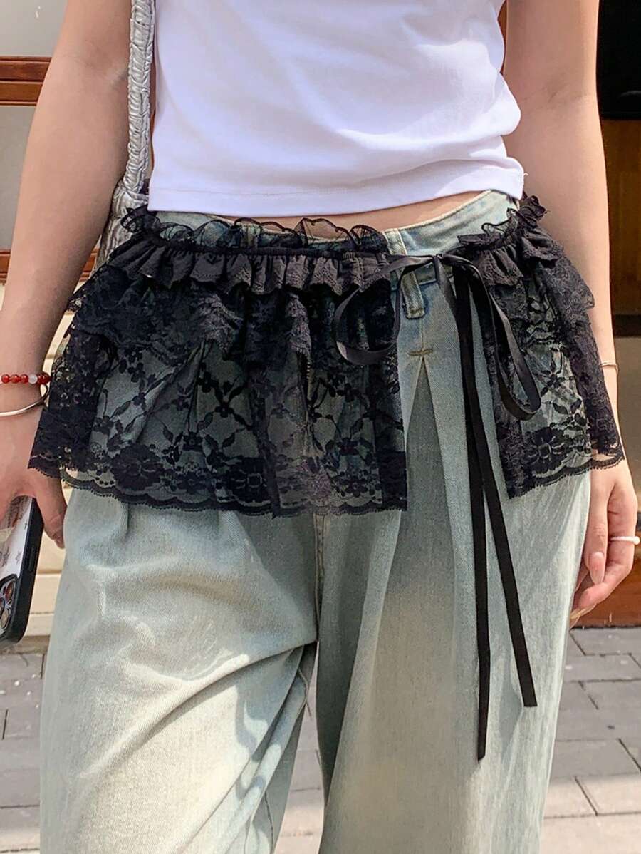 FRIFUL 女士蕾丝荷叶边短款迷你裙、分层蛋糕裙、夏日节日 - 黑色 - 查看 1