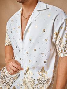 Manfinity ModaGents 2pcs Men Casual Lightweight Short Sleeve Open Front Shirt And Elastic Waist Loose Straight Shorts Set