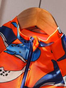 SHEIN 2 Stücke/Set süßer Kleine Jungen Cartoon Muster Farbblock Langarm Badeanzug & Hut Set, perfekt für Urlaub/Strand/Pool, geeignet für Frühling/Sommer