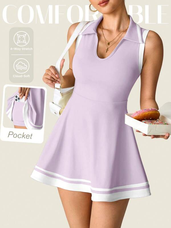 SHEIN Sport Studio Women's Yoga Sports Casual Sleeveless Polo Collar Dress, Fitted Fitness & Running Exercise Dress With Pockets, Comfortable Commuting & Outdoor Sexy Shortsathletic Dress