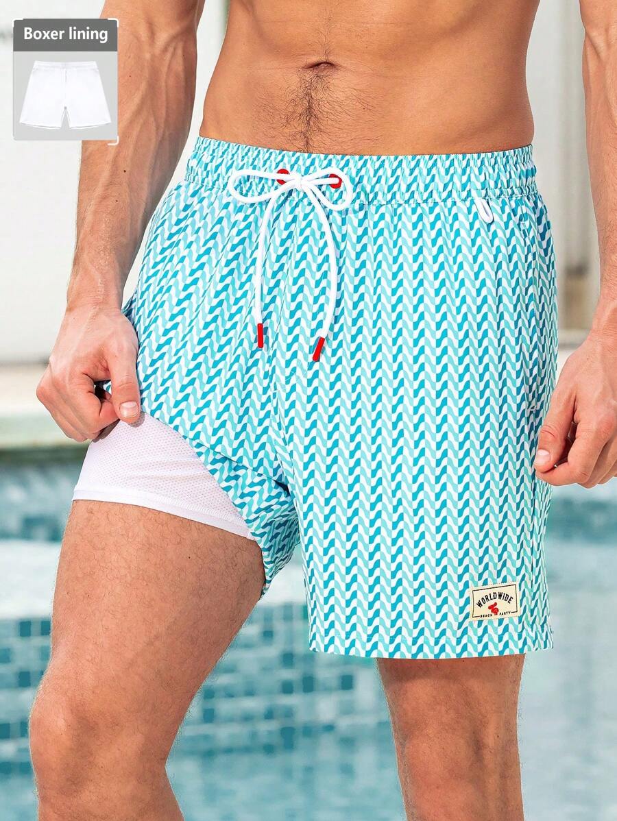 Manfinity KASUA Pantalones cortos de playa con franja y nudo delantero para hombre, vestimenta casual de vacaciones - Celeste - Ver 1