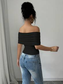 Gloray Camiseta ajustada con hombros descubiertos, solapa ancha y dobladillo fruncido, elegante para mujer, primavera/verano