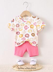 Cozy Pixies Toddler Girls 2pcs Set Sweet Doughnut Print Knitted Soft Round Neck Short Sleeve Drop Shoulder Pullover Top And Solid Color Elastic Waist Shorts
