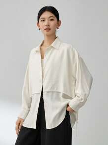 Dazy-Less 女士商务休闲亚麻纯色宽松长袖雪纺衬衫学院风上衣，秋季女装 - 白色 - 查看 6