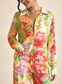 Eva Novielli Designer Colorful Summer Floral Printed See-Through Chiffon Long Sleeve Shirt Women Vacation Blouses - Multicolor - View 2
