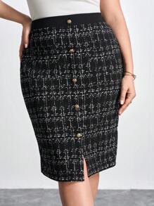 Chikora Plus Size Vintage Print Button Decor Bodycon Skirt, Autumn,Office Outfits For Women - Black - View 4