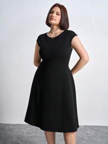 Chikora 加大码纯色圆领连衣裙，女士办公室服装 - 黑色 - 查看 6