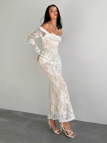 Aloruh Vestido ajustado tipo ajustado de manga larga de encaje blanco con hombros descubiertos, escote drapeado, apropiado para fiestas, citas nocturnas, temporada de bodas y eventos formales de noche, otoño/invierno
